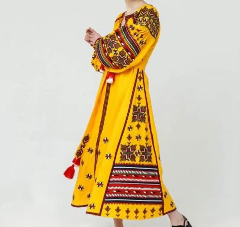 
Women Ukrainian Ethnic Vyshvanka Long Sleeve With Belt Linen Embroidered Dress 