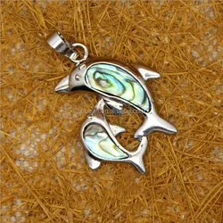 MOP05 Cute Design for Children Jewelry Paua Abalone Shell Double Dolphin Pendant