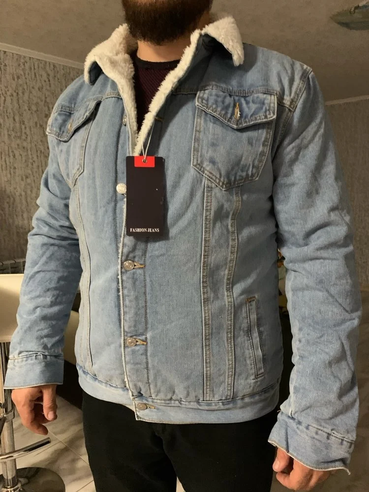 Men Winter slim fit Jacket Warm Denim Fur lining Collar Outwear Lined Jean Coat