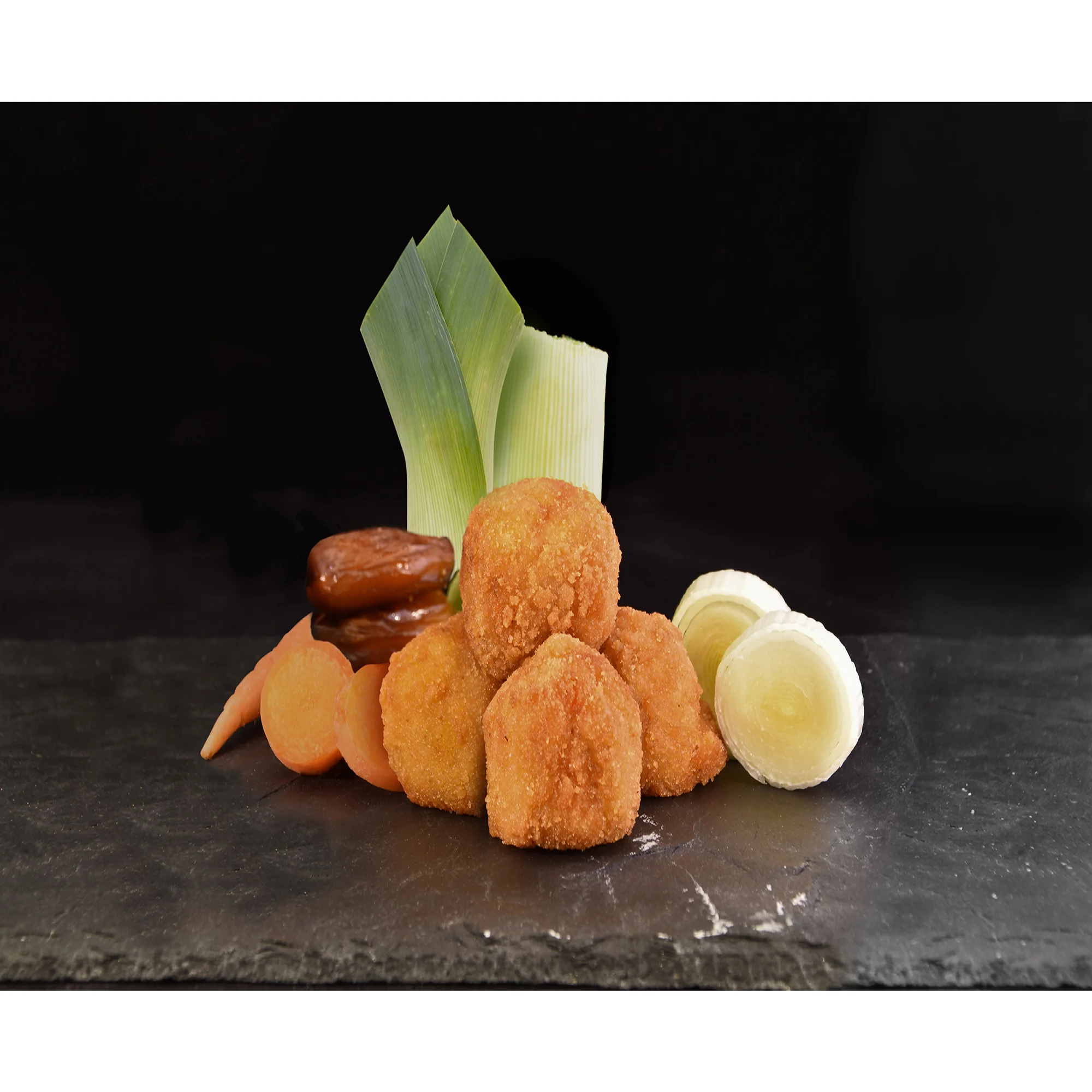 Confit Leek with dates and carrots Frozen Croquettes Frozen organic Snacks handmade typical delicatessen gourmet from Spain.