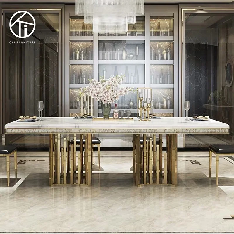 home furniture rectangular marble and gold double base luxury exclusive villa famous design 8 seater  Italian dining table