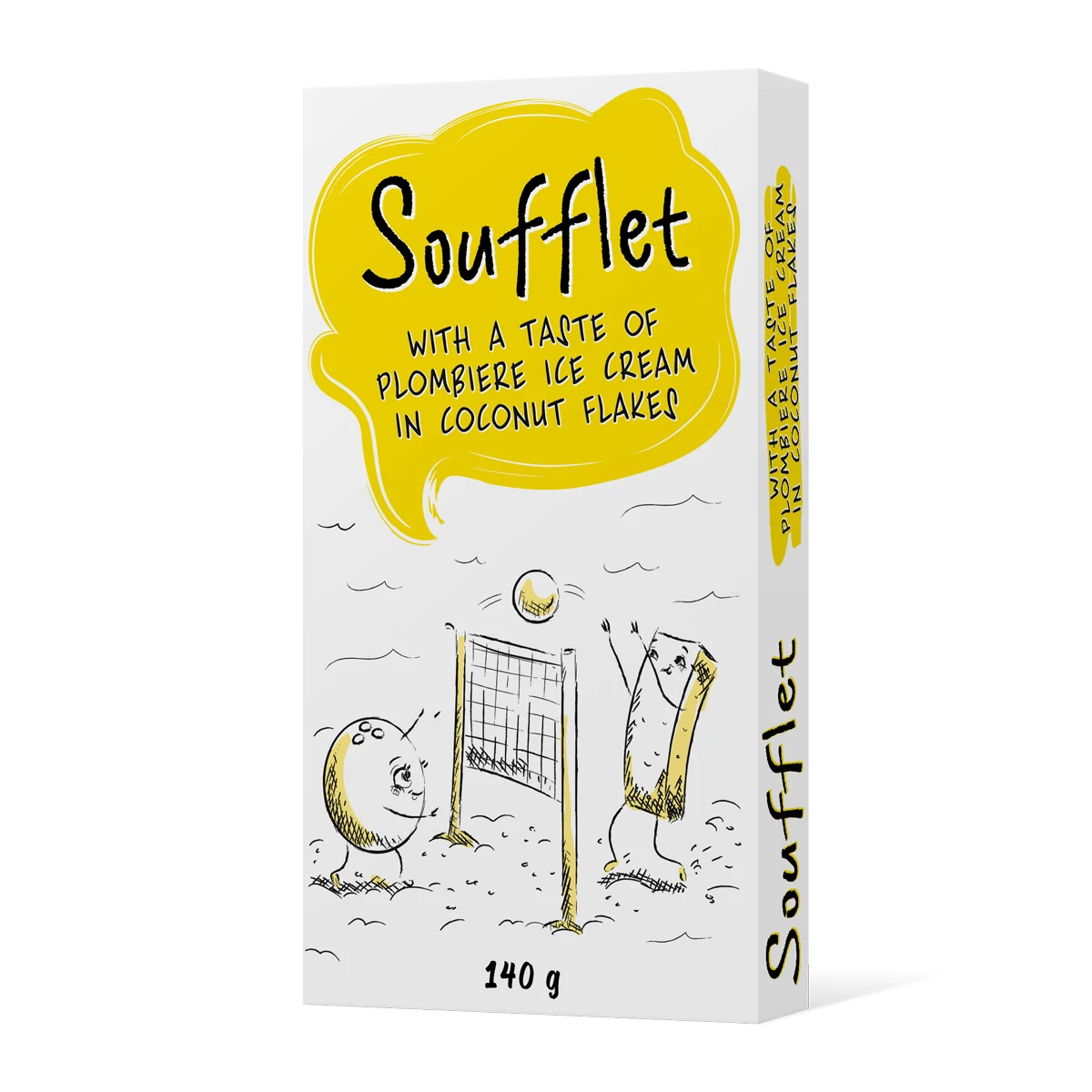 Soufflet with a taste of plombiere ice cream in coconut flakes