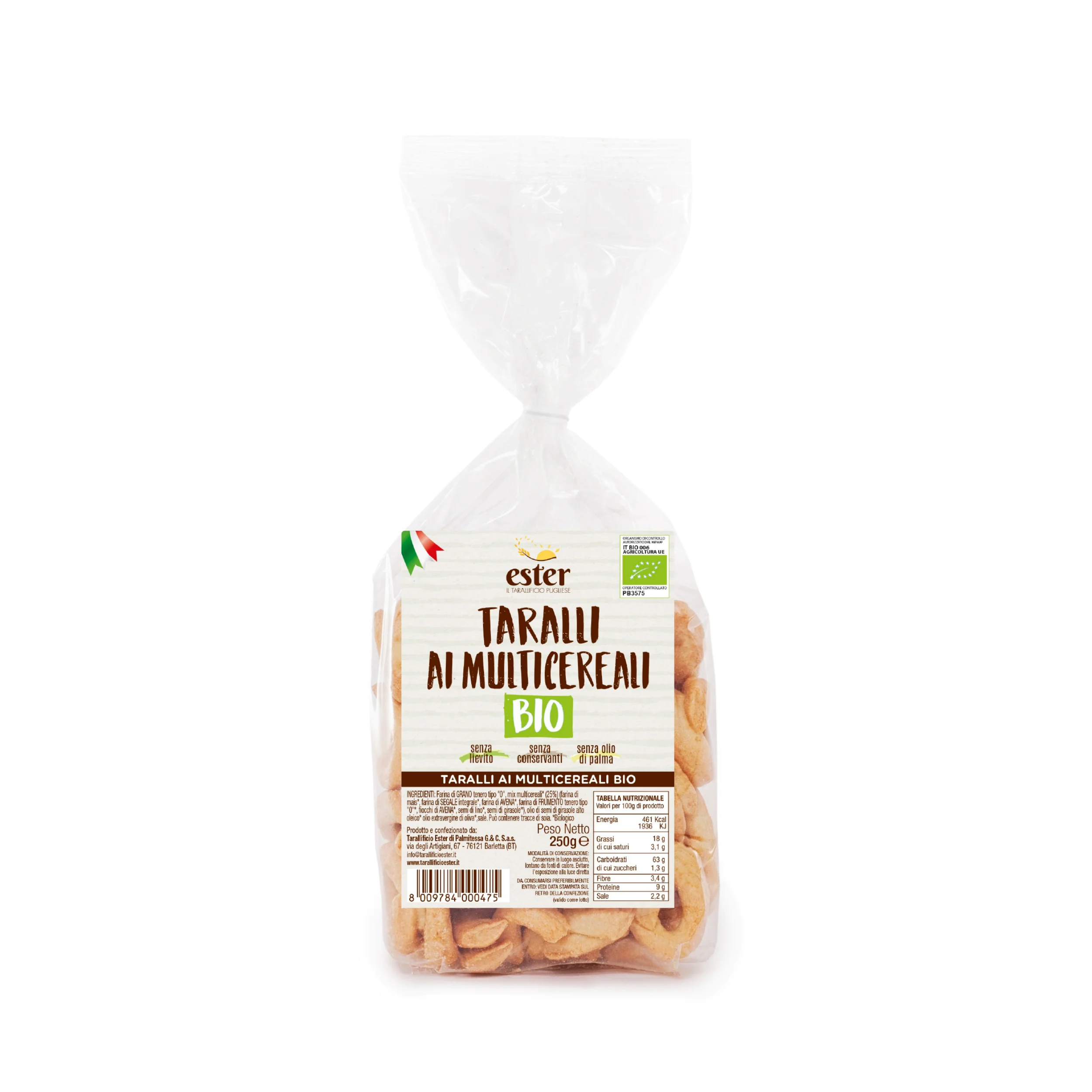 Органический эфир апулиана таралли с мукой из нескольких зерен и экстра-натуральным оливковым маслом 250 г