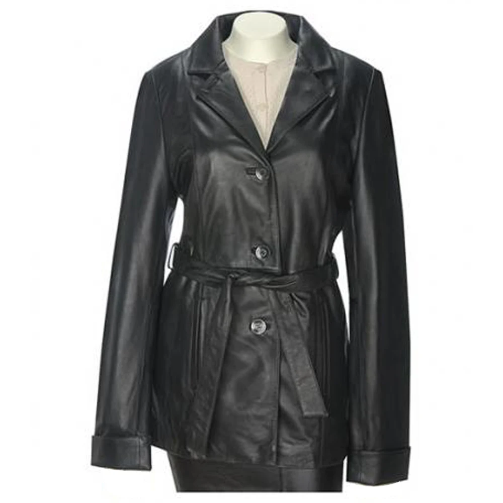 Новейшая модная женская куртка из черной овечьей кожи с поясом на талии/Высококачественная женская кожаная куртка с поясом на талии