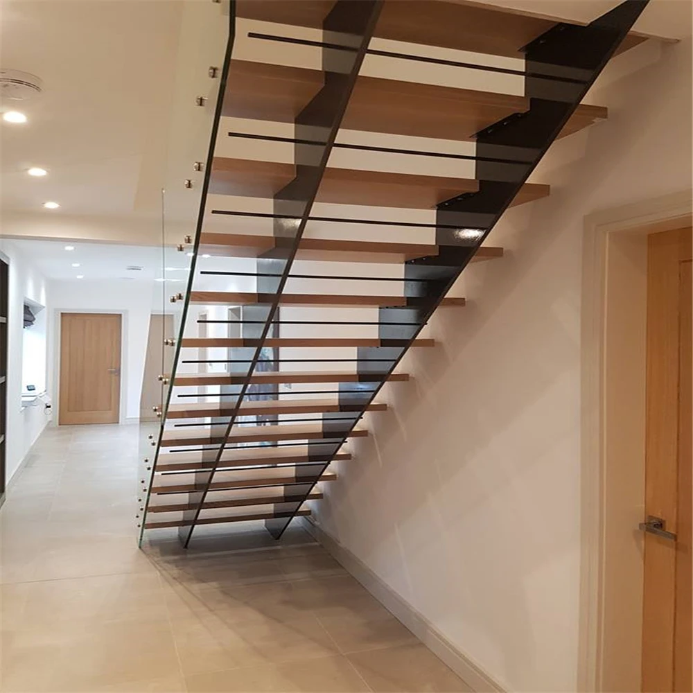 Open riser staircase design with wood handrail stainless steel railing straight mono stringer stairs