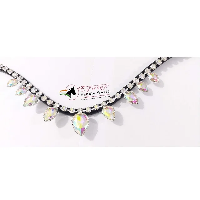 HIGH QUALITY HORSE BROW BAND WITH AB HANGING CRYSTALS LUXURY EQUESTRIAN WITH BACK OPEN STICKY TAPE AT LOOP.