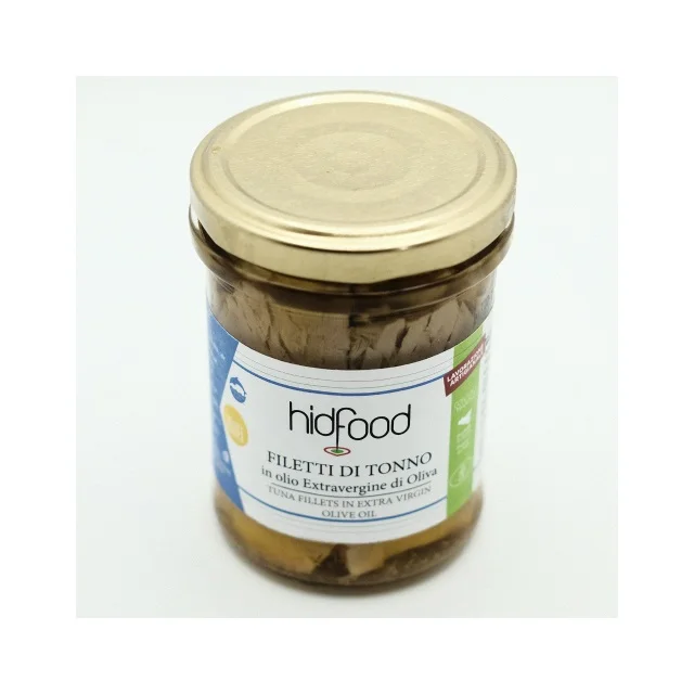 Private label Made in Italy high quality food products ready to eat fish tuna fillets with extra virgin olive oil in mason glass jar