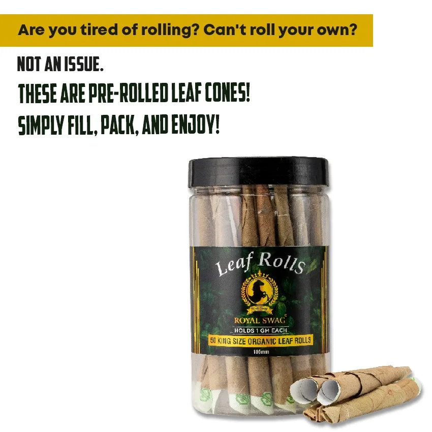 Royal Swag 100 MM King Size Leaf Rolls Ready to Use Cones Jar with 1 filling stick, Super Slow Burning, Real Tendu Palm Leaf