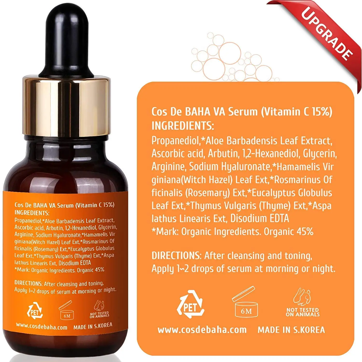 Cos De Baha Vitamin C Facial Serum with L-Ascorbic Acid 15% with Vitamin B5 - for Fades Age Spots, Smoothing Fine Lines 30ml