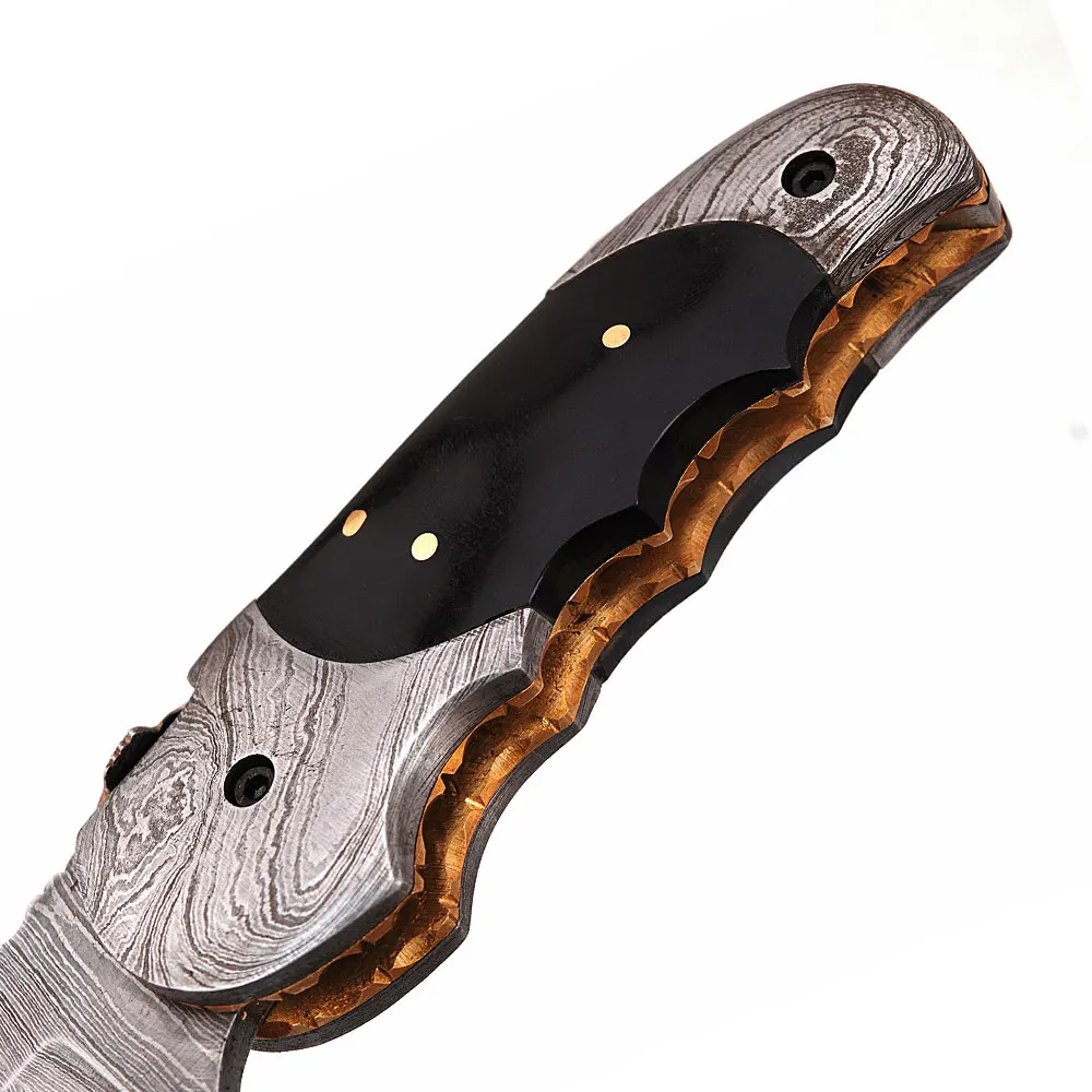 
Hand made Damascus Steel Custom Design Folding Knive/ Pocket Knife with Camel bone, Color wood and Black Buffalo Horn handle 