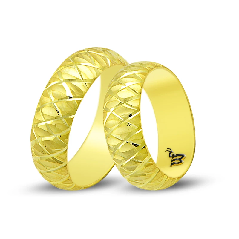 14K Solid Gold His Her Wedding Band Custom Pattern Set Ring 7 mm