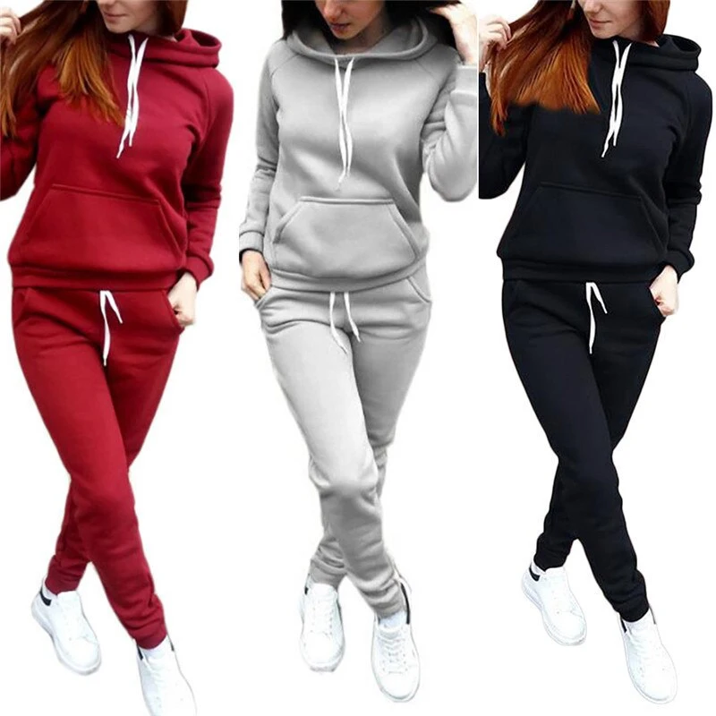 2020 Autumn Winter Two-piece Tracksuit For Women Sport Suits Black Gray Red Hooded Running Set Sweat Pants
