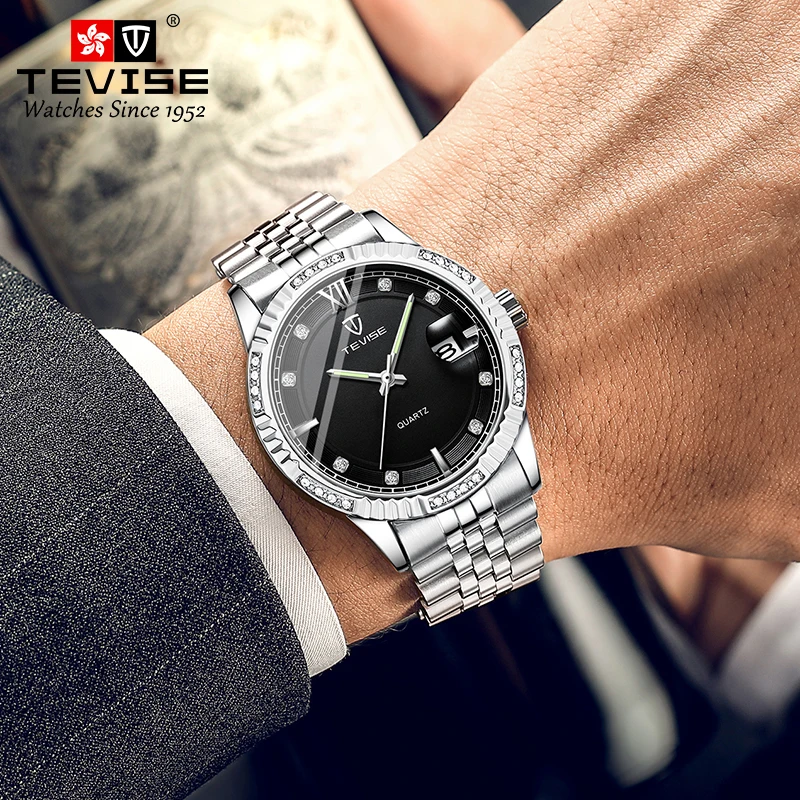 Роскошный мужской светящийся указатель TEVISE 629S с одним календарем ремешок из нержавеющей стали кварцевые часы