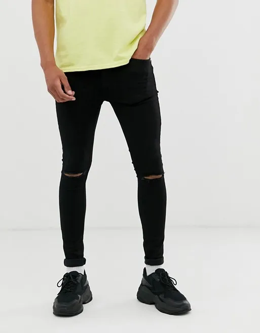 Оптовая продажа джинсовые мужские черные джинсы 100% хлопок Мужская в дырочку зауженные искусственно состаренные fit Брюки-карандаш Мужские Разорванные черный сшитые Эластичные Боковые ленты