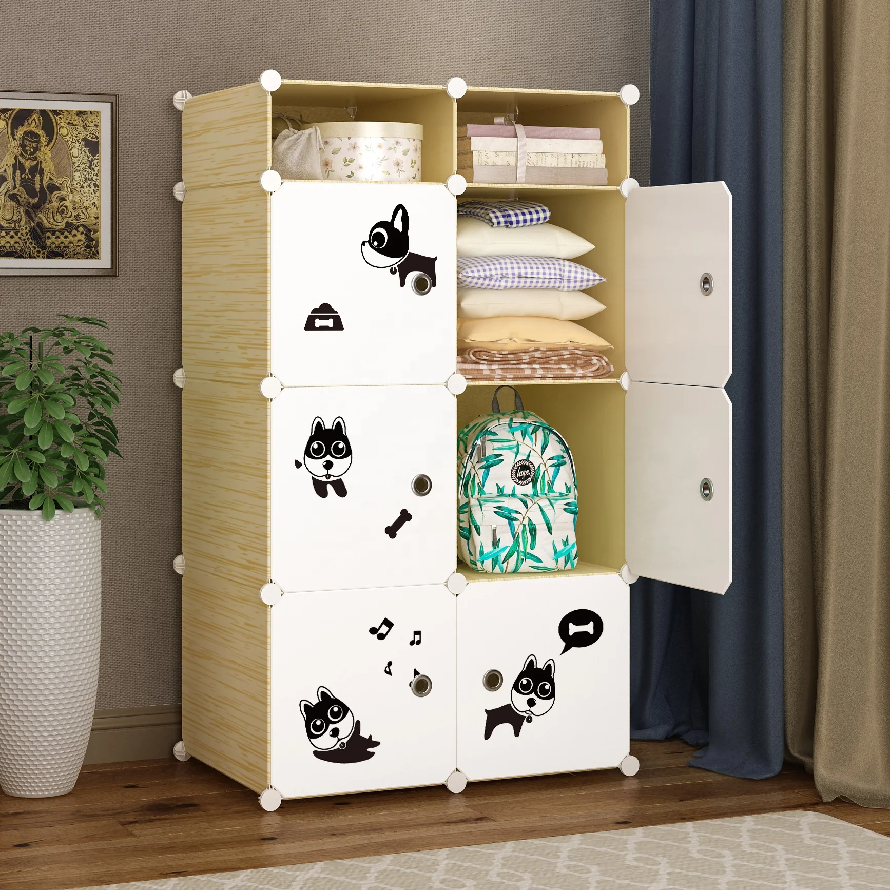 Hot Selling Cartoon Plastic Baby Clothes Closet Kids Storage Cabinet Shelf Bedroom Furniture Portable Wardrobe