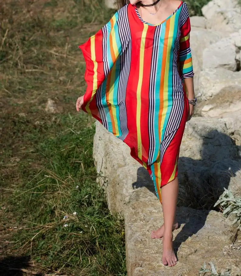 Ethnic Indian Silk kaftan Wide Sleeves Resort Wear Kaftan Beach Dress maxi striped cover up dress