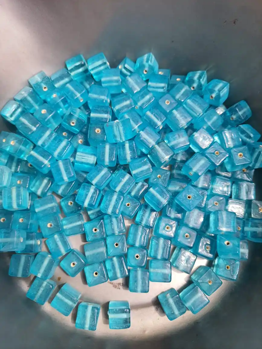 Shiny blue square shaped best grade glass beads in rainbow polish
