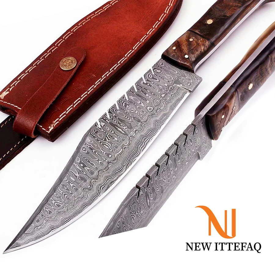 
Damascus Steel Bowie Knife 14 inches Hunting Survival Camping HANDMADE Full BUFFALO HORN Handle Free Cowhide Leather Sheath 