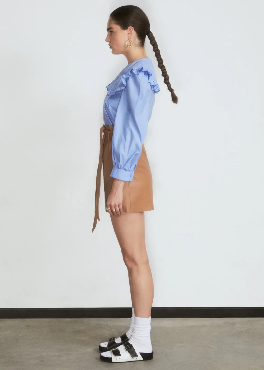 Blouse Retro Korean Style peter pan Collar Shirt White And Blue For Women Long Sleeve Ruffled Fringed Trims Casual Blouse