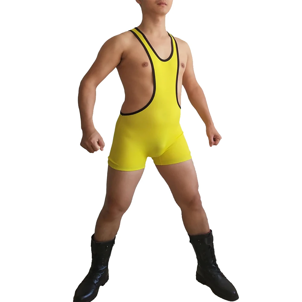 Men Solid Low Cut Wrestling Singlet Skinny Power Lifting Tights Tank Top Shorts Weight Lifting One-Piece Singlets