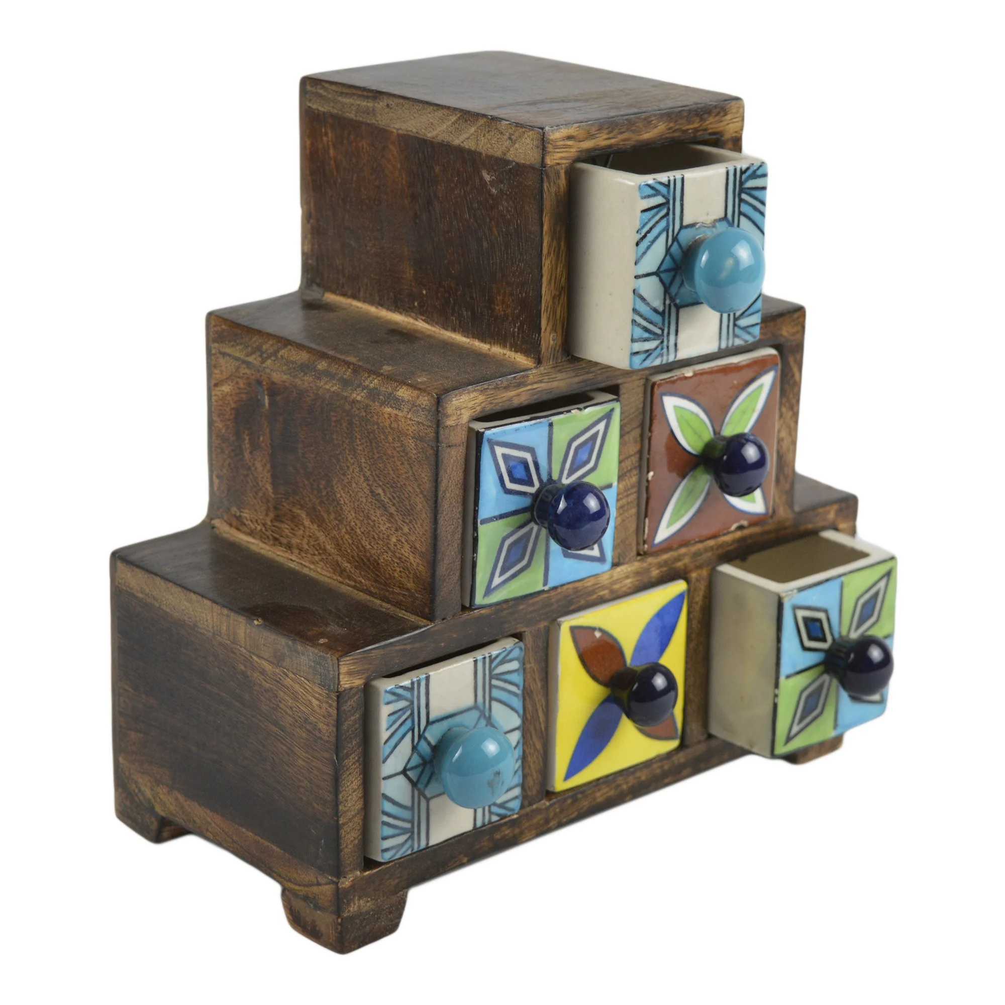 Colorful Wooden Rack With 6 Ceramic Drawer Spice Rack Apothecary Spice Box Colored Mango Wood Chest Ceramic Storage Jewelry Box