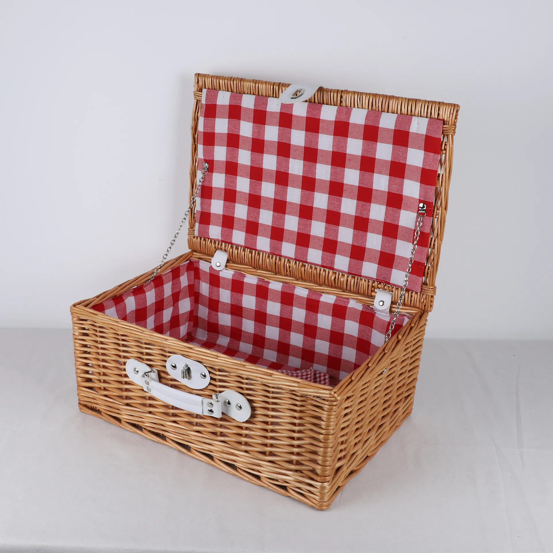 Handmade Camping Hiking White Honey Brown Wicker Willow Hamper With Blanket Picnic Basket For 2