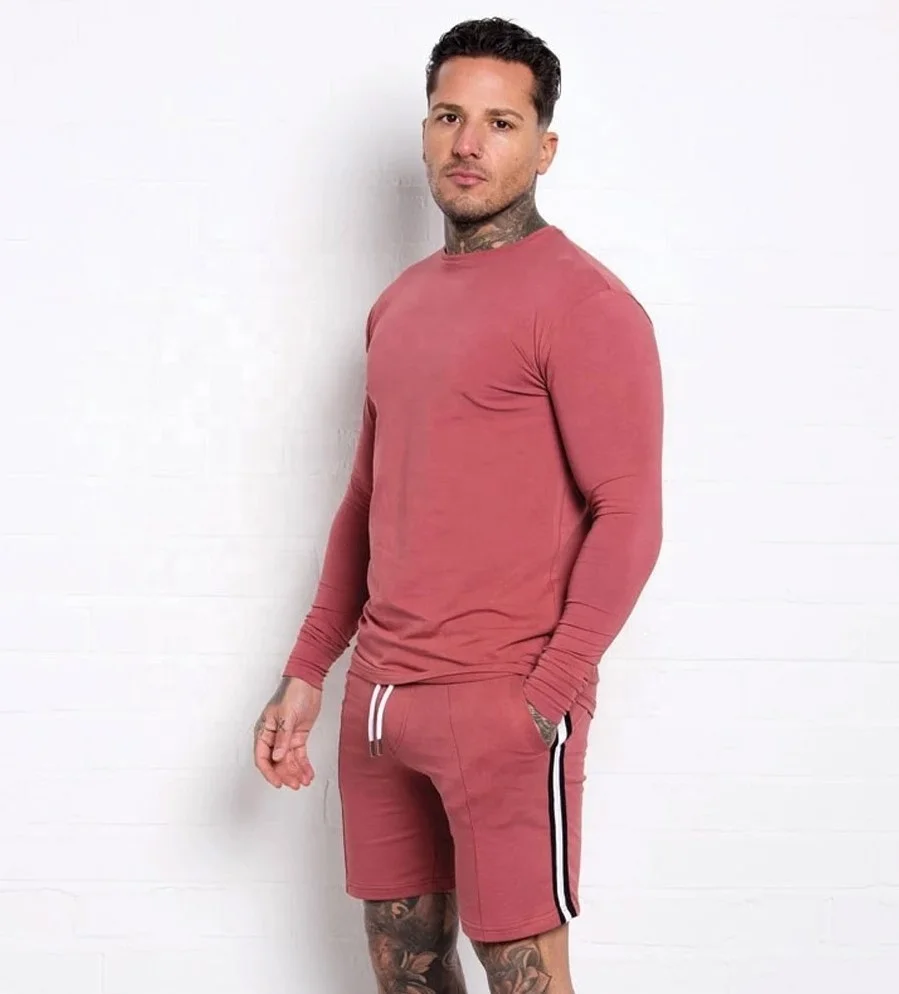 Custom Shorts and Shirts 100% Cotton Men Twin Set Long Sleeve t shirt and Short Sets New Arrival Short Two Piece Sets For Sale