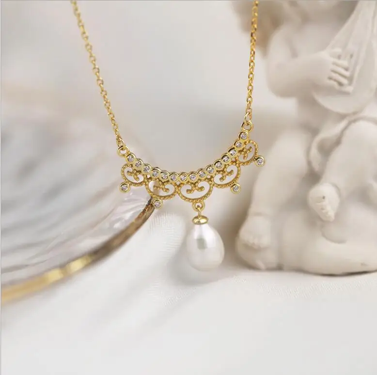 baroque vintage elegant jewelry collar de plata 14k gold plated 925 sterling silver gold plated pearl necklace