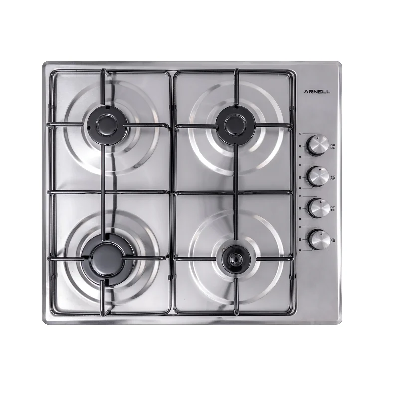 4-Burner Inox Stove with Tempered Glass and Enamel Burner Caps FFD Thermocouples Ceramic Surface Battery-Powered