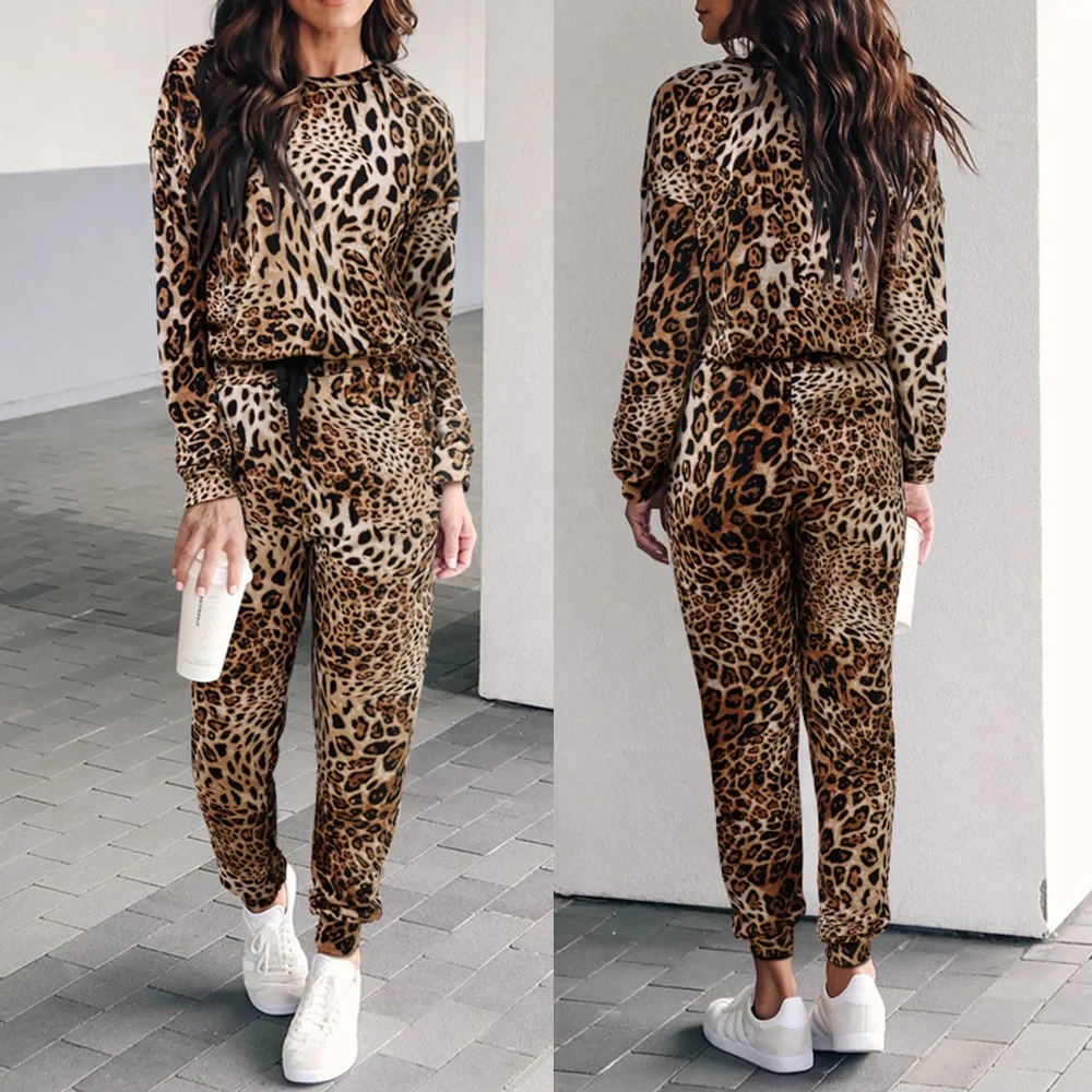 Sublimated leopard Printed Women tracksuit animal skin ladies Jogger Pant and sweat shirt top hoodie 2 Pieces women Clothes