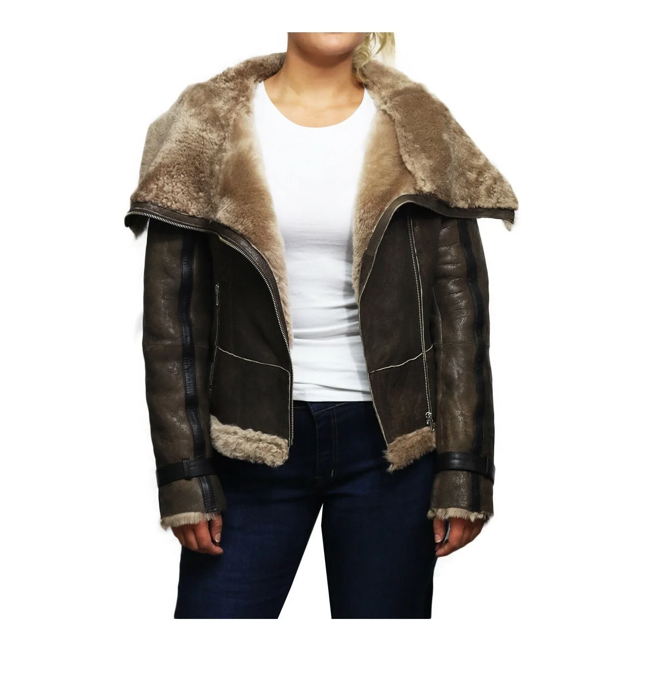 Ladies Pilot Flying Brown Fur Aviator RAF Bomber Womens Leather Jacket Black Sheepskin
