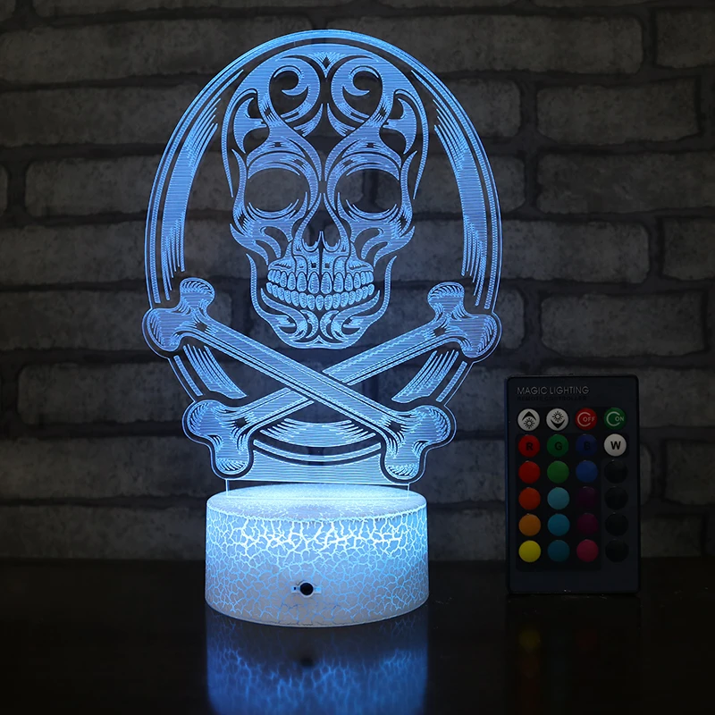 Personalized Acrylic Skull 3D Illusion Lamp Cracked Base Bedroom Decorative Light Remote Control LED Night Light