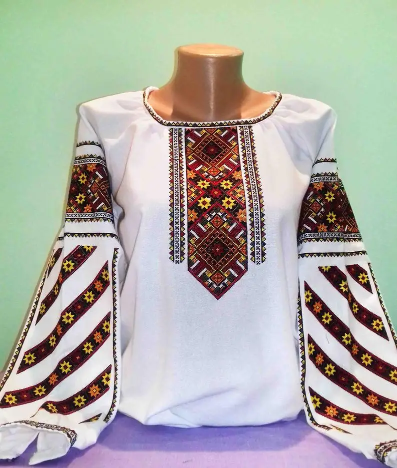 
Wholesale Best Price Oval Neck Women Blouse Hand Fern Embroidered Natural Linen Tasseled Tie Ukrainian Top 