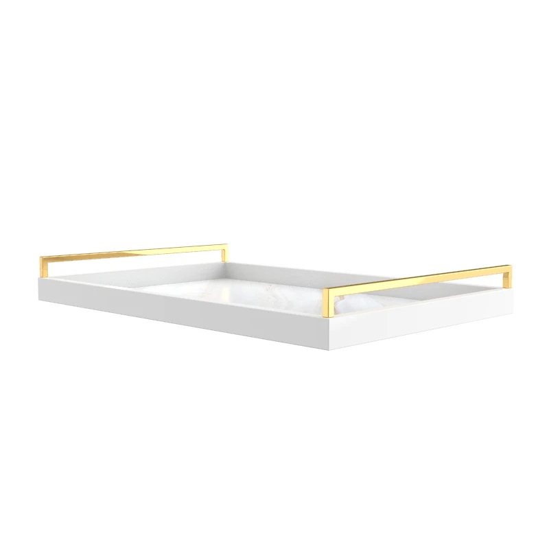 Elegant Fashion Classic Modern Style Rectangular White Marble Lacquer Home Decoration Wooden Tray  With High-end Metal Handle