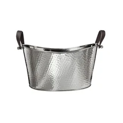 Stainless Steel Hammered Beverage Tub With Leather Handle Double-Walled Insulated Silver Ice Bucket Champagne Bucket