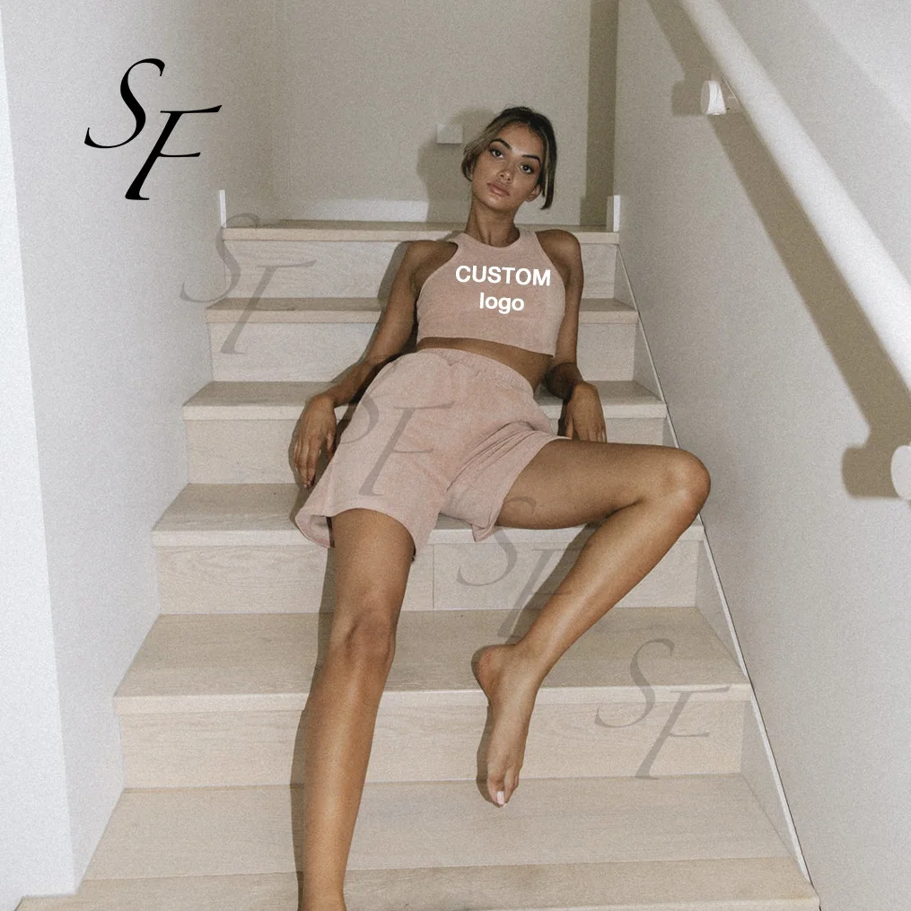 Wholesale Custom terry toweling summer comfy sleeveless crop vest matching terry towel short beach set