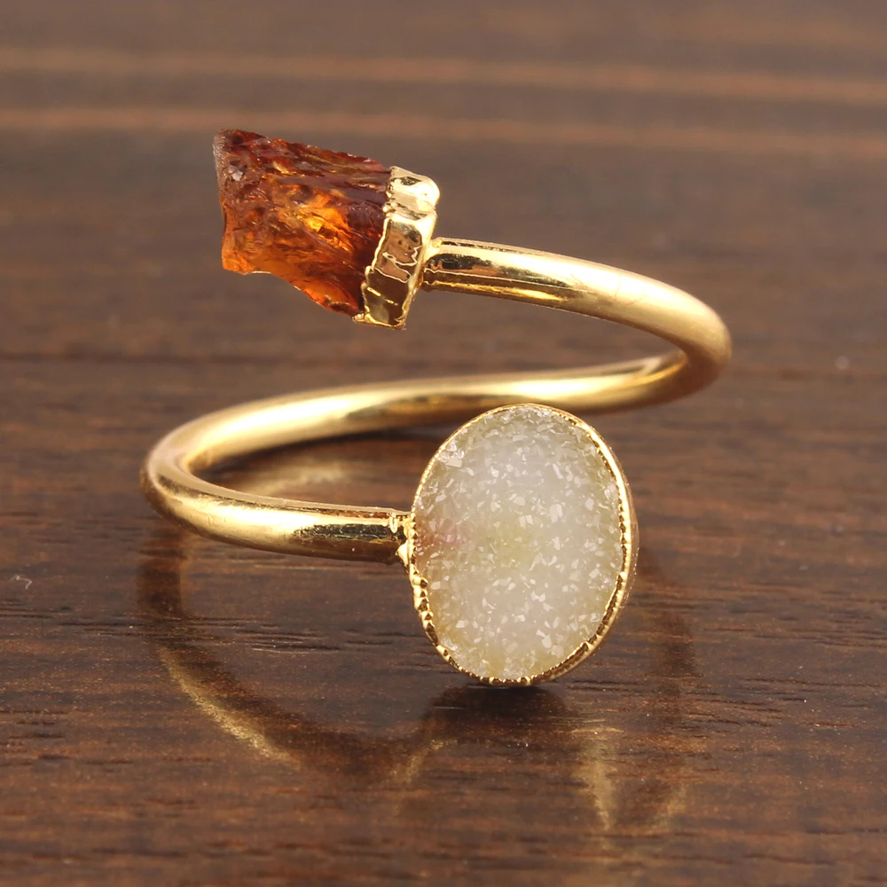Luxury vintage collection natural rough citrine & white sugar druzy brass gold plated double stone adjustable woman wear ring