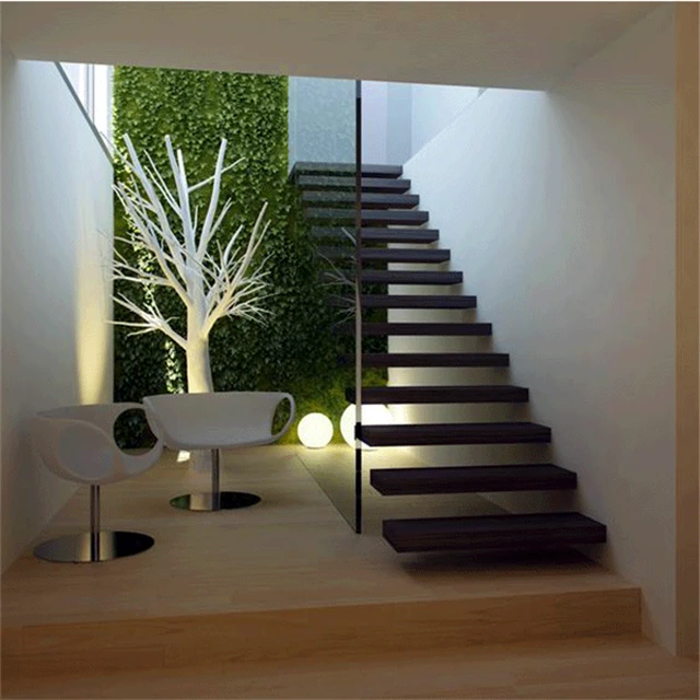 Glass Railing Wood Stair with Floor Mounted Glass Railing
