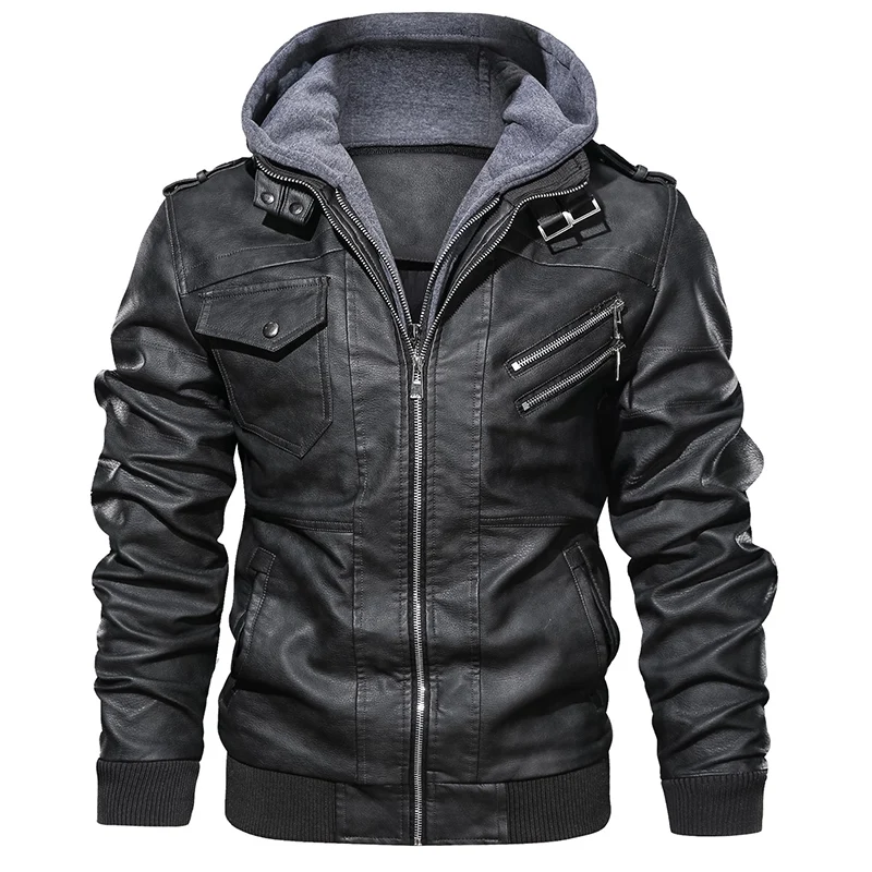 
Wholesale Fashion Men Racer Motorcycle PU Leather Jackets jaqueta de couro masculino Hooded Coat Brown Black 