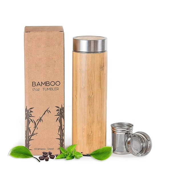 Hot Selling In Amazon Wide Mouth Double Wall Vacuum Insulated Bamboo Travel Stainless Steel Tea Cup Mug With Tea Infuser