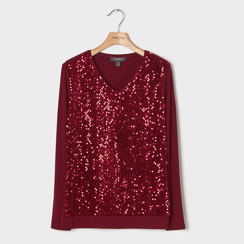 V-neck Long-sleeved Bordeaux T-shirt|Front Part in Velvet Fabric with Sequins|Back Side in Jersey Fabric Plain|Women Fashion