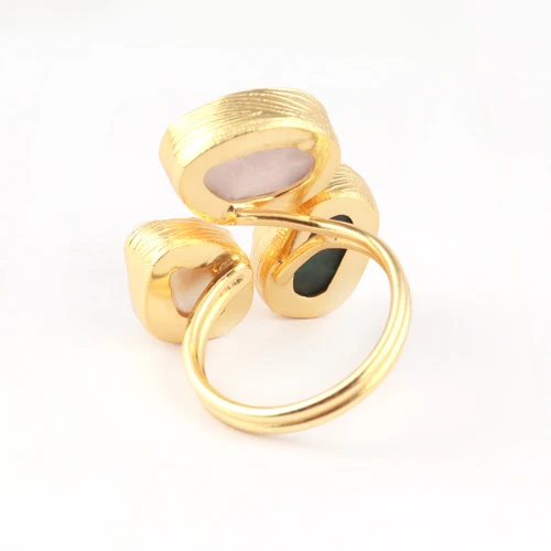 White Biwa Pearl Adjustable Ring Real Raw Rose Quartz Emerald Diamond Gold Plated Texture Finish Big Factory Birthstone Jewelry