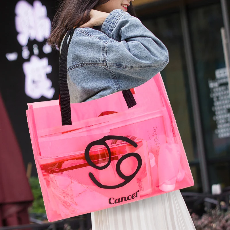 customized 12 constellations big size waterproof transparent pvc travel tote bags clear shopping bag