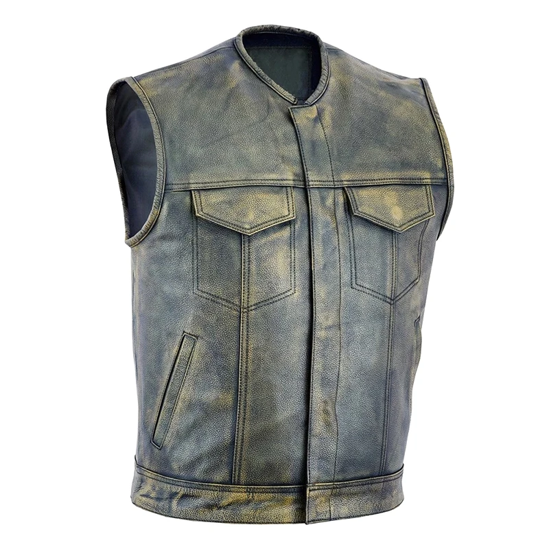 Latest Design New Top High Quality Men Distress Brown Motorcycle Leather Vest with Gun Pockets leather vest biker motorcycle