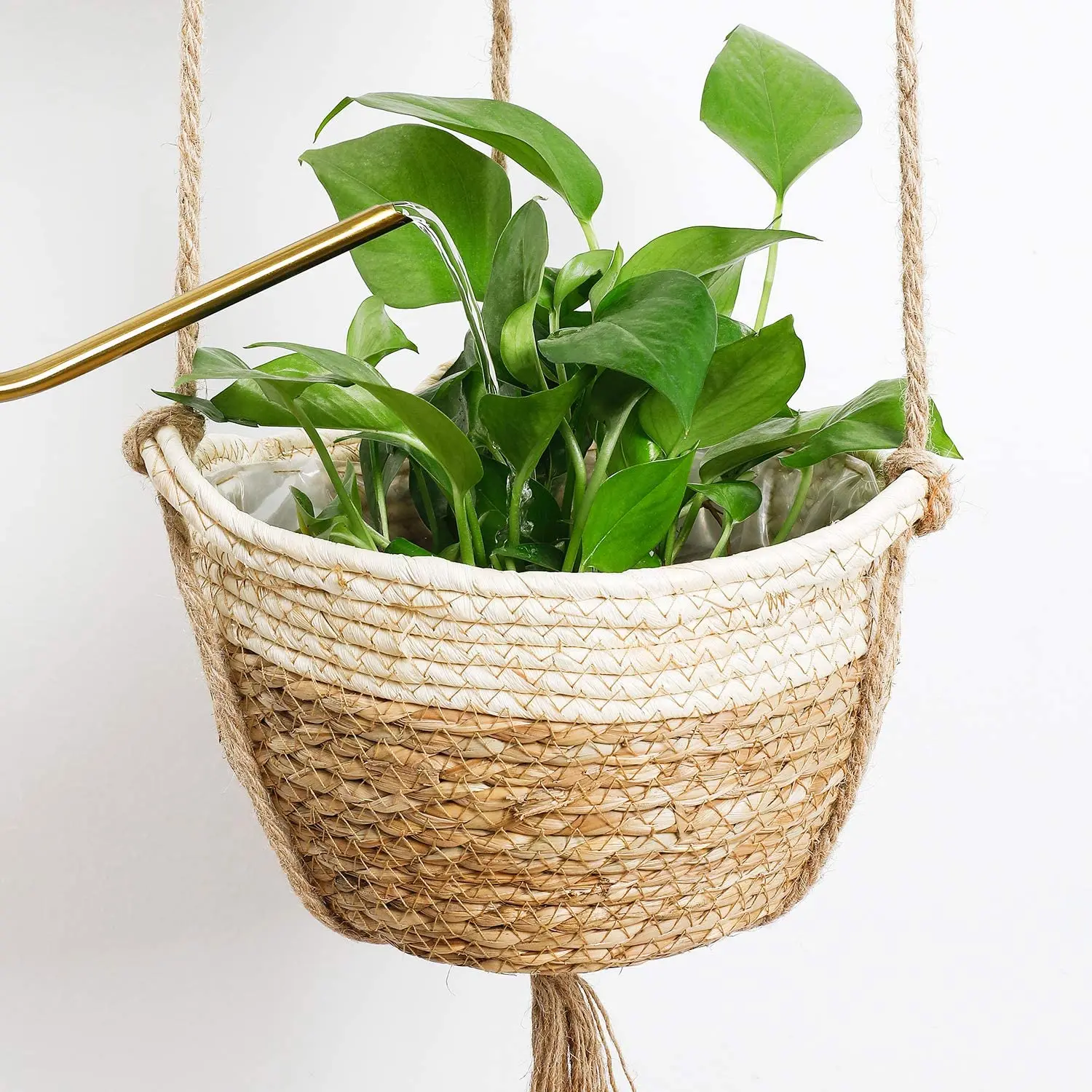 Seagrass Hanging Planters Basket Indoor Two Layers Flower Pot Storage Organizer with Waterproof Plastic Liner
