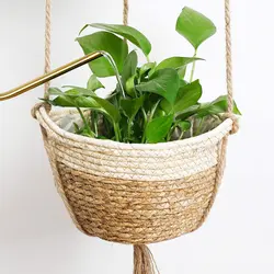 Seagrass Hanging Planters Basket Indoor Two Layers Flower Pot Storage Organizer with Waterproof Plastic Liner