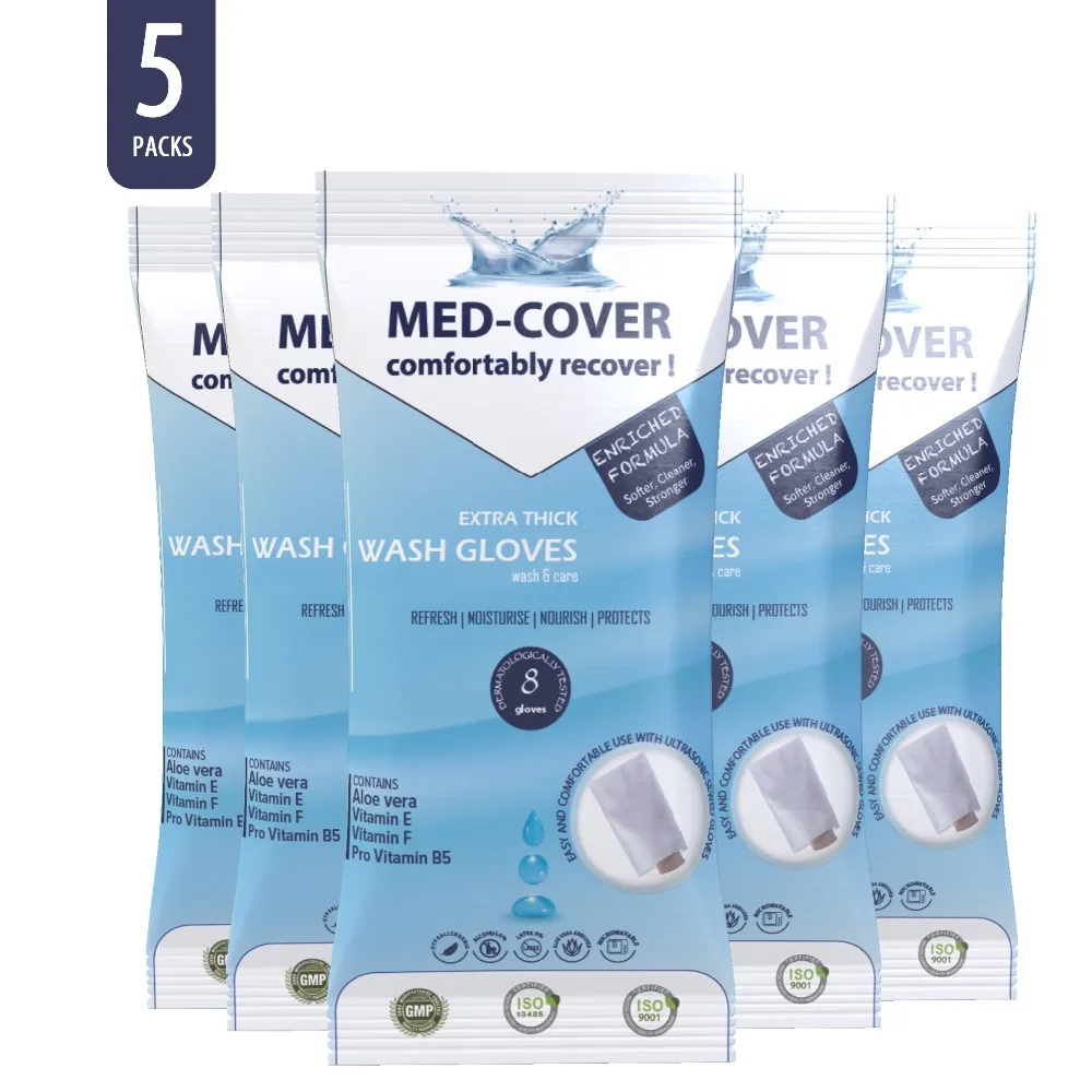 Med-Cover Extra Thick Bedridden Cleansing Gloves Incontinence Care No Water Rinse OEM Customized Health Care Packing