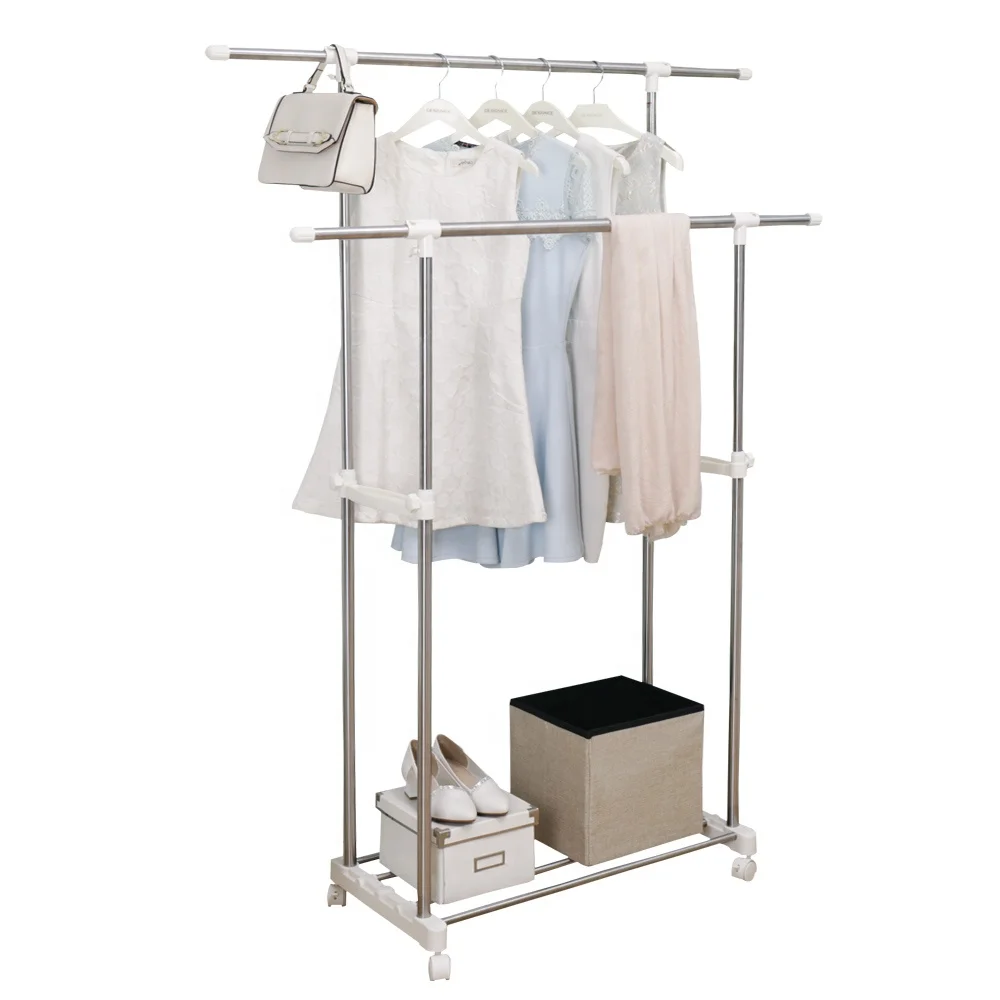 BAOYOUNI Double Rail Cloth Hanger Stand Stainless Steel Clothes Organizer Rack Rolling Wheels Garment Hanging Rack