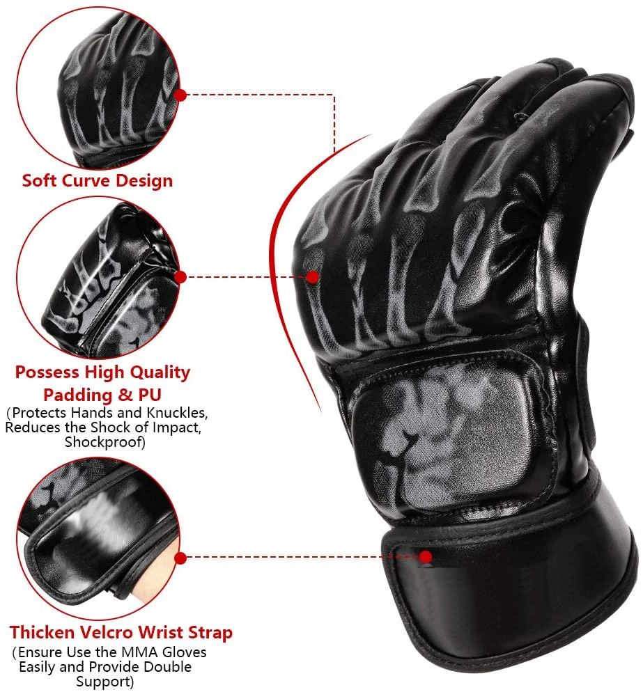 Суперсентябрь предложение боксерские перчатки с принтом скелета для смешанных боевых искусств ремешком на запястье и защитой костяшек кожаный материал по низкой цене