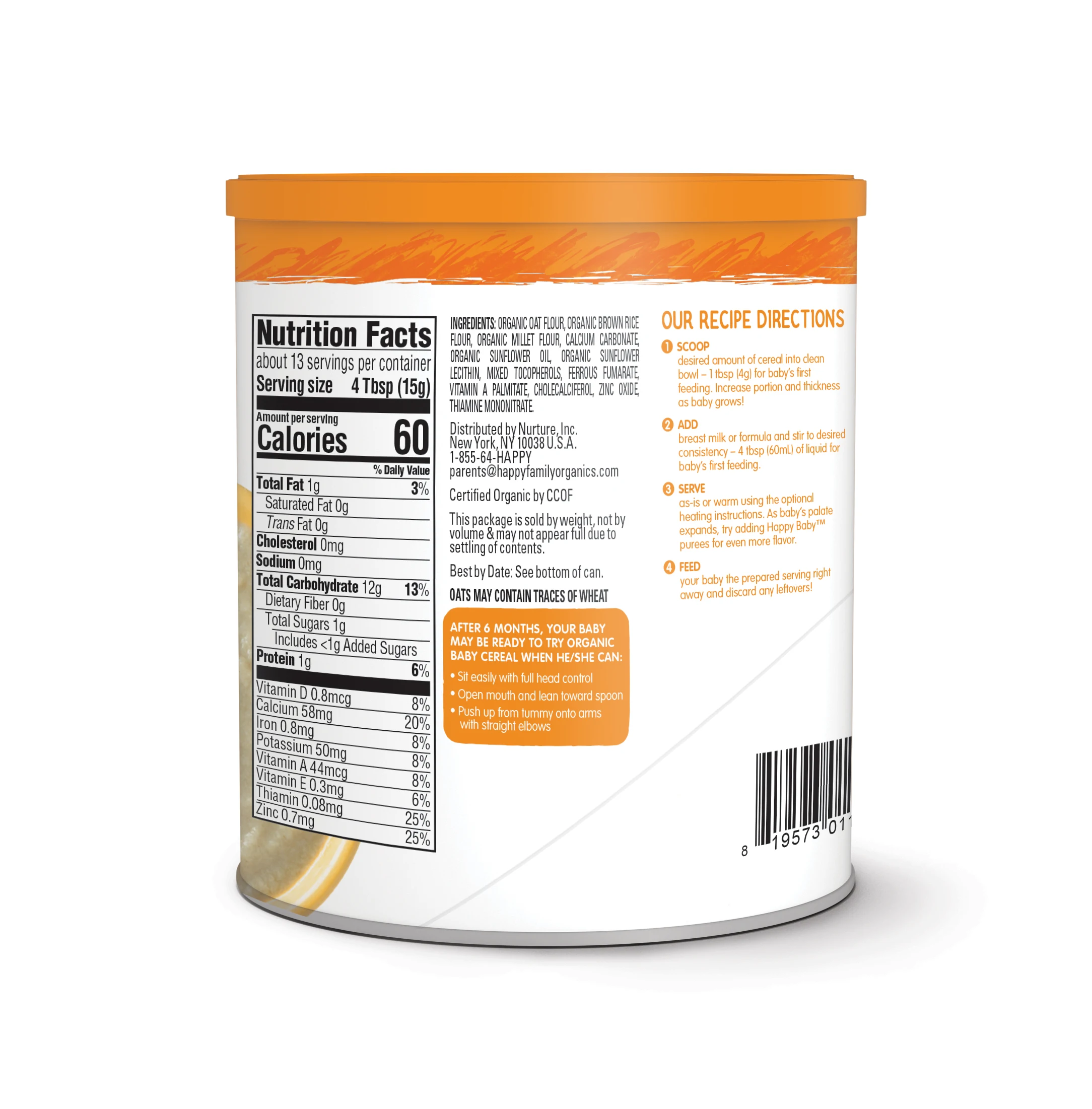 
Premium Happy Baby Organic Certified Baby Cereal Multi-grain Baby Food No Artificial Colors or Flavors 